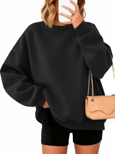 Timuspo Pull femme surdimensionné manches longues polaire col rond sweat-shirt automne hiver femmes filles vêtements ample hauts, Noir , M