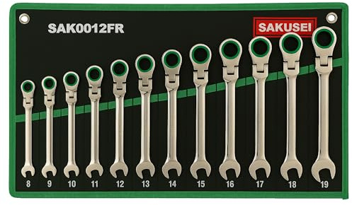 Sakusei Tools Ratchet Spanner Set 12pc Flexi Ratchet Combination Spanner Wrench Set with 12 Point Green Gear Ring Flexible Ratchet Spanner 8-19mm in Fabric Storage Roll(SAK0012FR)