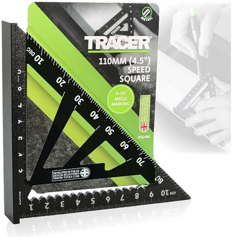 TRACER Speed Square 110mm (4.5 Inch). Rafters Square with Metric and Hip & Valley Scales. Roofing and Carpentry Marking Tool