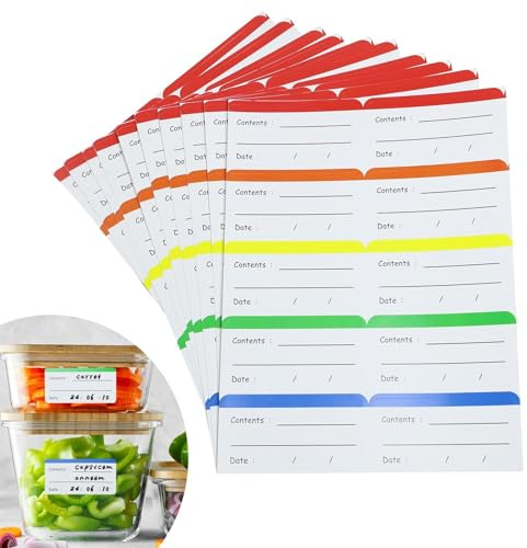 100 Etiquetas Adhesivas para Congelador y Botes de Cocina, Etiquetas Personalizadas Multicolores Fáciles de Despegar, Pegatinas Removibles Sin Residuos para Alimentos Congelados, Tarros y Tupper