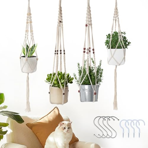 Leseed Makramee Blumenampel 4er Set, Handgefertigte Baumwolle Blumenampel Hängend Innen, mit 8 Verschiedenen Haken, Alles Natürlich Hängepflanzen Topf, Perfekt für Balkon Deko und Wohnzimmer