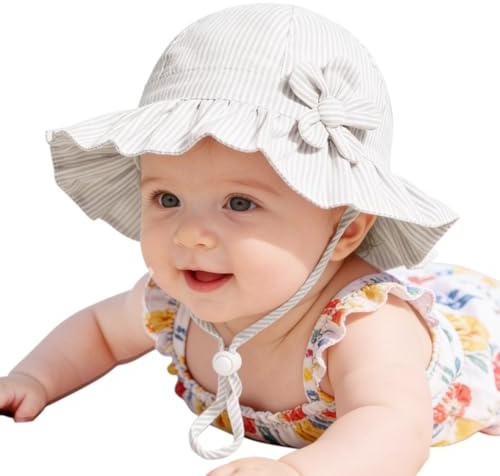 Baby Girl Wide Brim Bucket Hats with UPF 50+ Outdoor Adjustable Beach Hat with Sun Hat(6-12 Months)