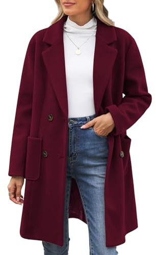 CMTOP Cappotto Donna Invernale Lana Caldo Cappottos Scollo a V Revers Cappotti Invernali Lungo Dritto Doppiopetto Giacca Lana Elegante con Tasche per Autunno Inverno(Bordeaux, L)