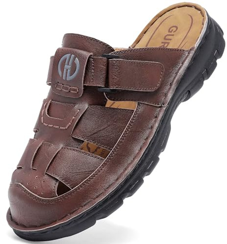 GURGER Zuecos y Mules para Hombre Piel Sandalias de Cuero de Verano Marrone Scuro 43