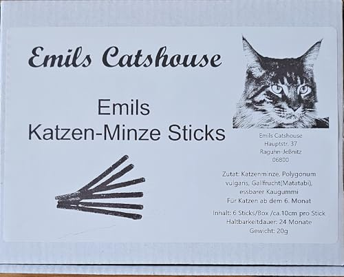 Emils Catmint Sticks, 6 Pieces per Box, 10 cm Length, Catnip Chew Snack for Cats from 6 Months, 20 g