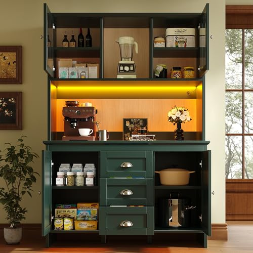 Ligterra Armadio a buffet, alto da cucina, credenze, con ante in vetro marrone e illuminazione a LED, 4 ante e 3 cassetti, per cucina, sala da pranzo, 120 x 40 x 179 cm (verde)