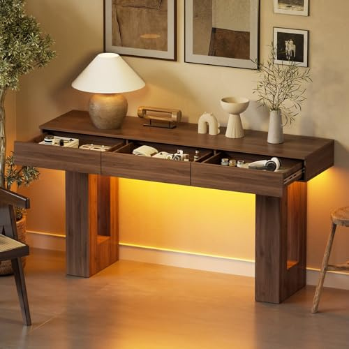 Mesa de Consola con luces LED de colores y 3 cajones 140CM Consola para Recibididor Mesa de Entrada Estrecha Mesa Auxiliar Detrás del Sofá Mesa de Pasillo de Madera para entrada, recibidor y salón