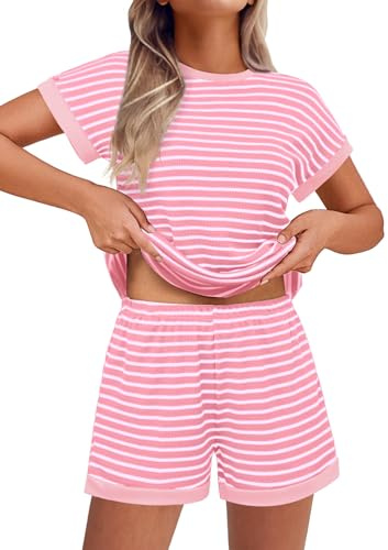Ekouaer Pijama Mujer Corto Rayas Punto con Textura Dos Piezas Pjs Verano Ropa de Estar por Casa Loungewear Conjunto Casual con Bolsillos S-XXL