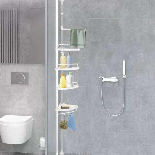 HUOLE Mensola da doccia regolabile in altezza, 4 livelli, ripiano angolare telescopico, altezza, portaoggetti da bagno, servitore estensibile con 4 supporti (254-304 cm (plastica) bianco)