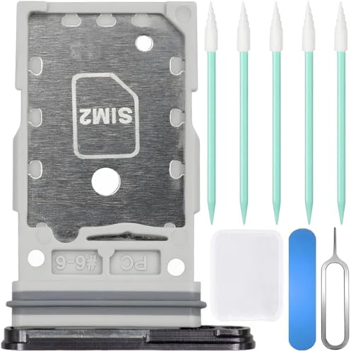 ZHUROUPU Replacement Dual SIM Card Tray Slot Holder with Waterproof Rubber Ring for Galaxy S24 & S24 Plus, Dual SIM Card Slot Holder Repair Part with Opening Needle & Cleaning Kits (Black)