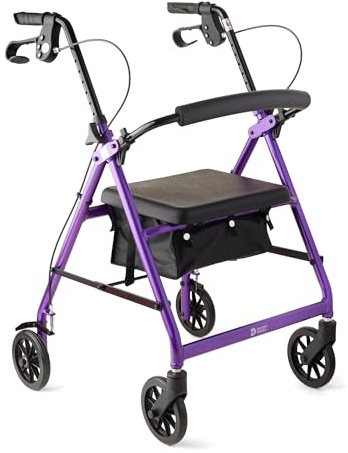 Discover Mobility Dart Lightweight Folding Rollator Walking Frame with Seat, Brakes & Bag (Purple)
