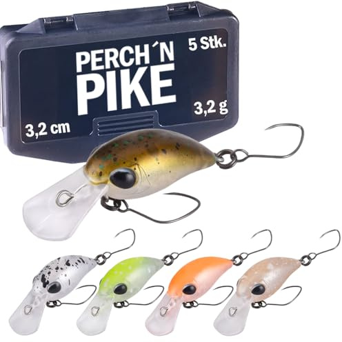 Set di 5 esche per trote con scatola per tackle, 3,2 cm, 3,2 g, mini wobbler, esche artificiali per trote e persico, accessori per la pesca in diverse decorazioni per pescatori predatori (set da 1 a