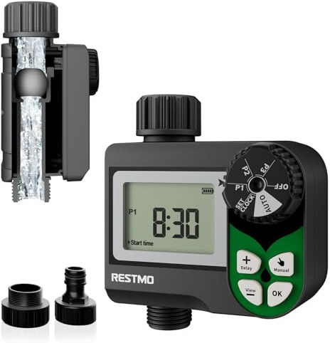 RESTMO Irrigation Timer Low Pressure Ball Valve Water Timer | Weekly Programmable Sprinkler Timer for Garden Hose with Ball Valve & Waterproof Screen, Rain Delay/Manual/Auto Modes