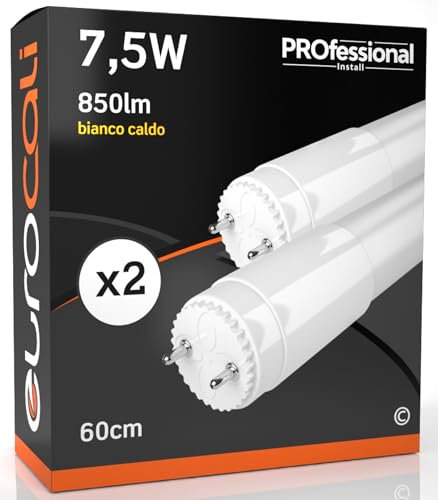Eurocali 2x Tubi LED 60cm G13 T8 7,5W Professionale Alta Efficienza Garanzia 5 Anni 850 lumen - Luce Bianco Caldo 3000K - Fascio Luminoso 160° - Sostituzione Neon