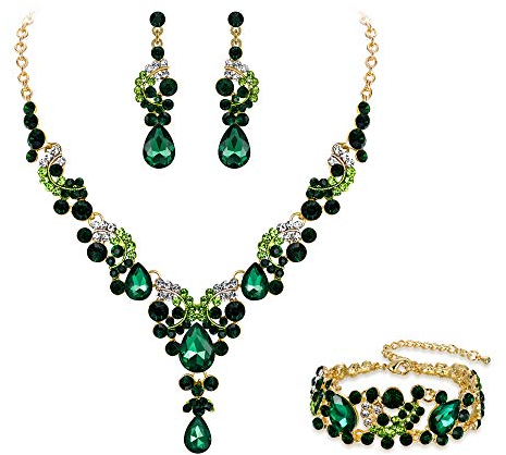 EVER FAITH Kristall Schmuckset Hochzeits Braut Art Deco Floral Teardrop Halskette Ohrringe und Armband Set Grün Gold-Tone
