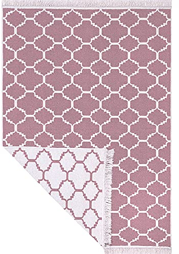 Fashion4Home Teppich Läufer - Tepiche für Wohnzimmer, Schlafzimmer, Küche, Kinderzimmer, Badezimmer - Boho Kelim - Läufer Flur, Morocco-Altrosa-Weiß, Größe: 80x150 cm