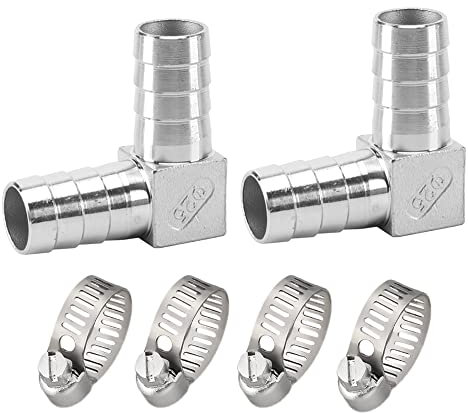 Pysrych Stainless Steel Hose Barb Fitting 90 Degree Elbow 3/4 Barbed x 3/4 Barbed Right Angle L Shaped Connector with 4pcs Hose Clamps (Pack of 2)