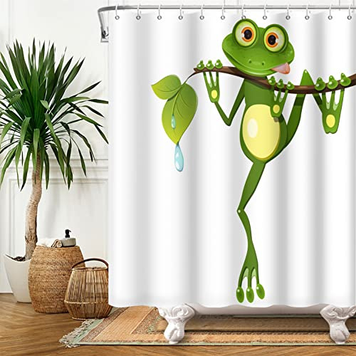 SDOTPMT 90x183cm Carina Cartone Animato Rana Tenda da Doccia - Piccolo Rana Su Albero Ramo Verde Foglie - Bagno Estate Animale Bianco per Bambini - Poliestere con Ganci