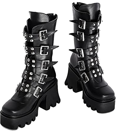 JIFAENY Damen Winter Schwarz Gothic Punk Plattform Stiefel Damen Goth Schnalle Zipper Creeper Keile Mid-Calf Schuhe-8,Schwarz