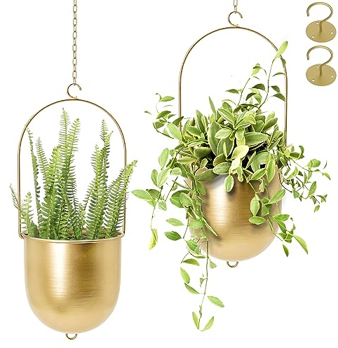 AceList Boho Hängender Pflanzgefäß, 2er Set Gold Metall Pflanzenhänger mit Haken und Ketten, Moderne Wand & Decke Pflanzgefäße Outdoor/Indoor Hängende Pflanzgefäß für Fenster, Veranda, Balkon und