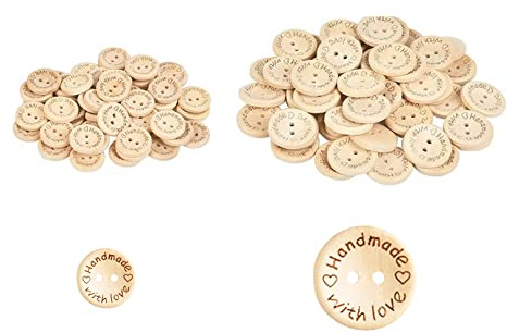 60PCS Wooden Buttons, Handmade with Love - Natural Wooden Round Shape Buttons, 2 Sizes (15mm, 20mm) for Baby Cardigans, Crafts, Knitting, Kids DIY Sewing & Decor