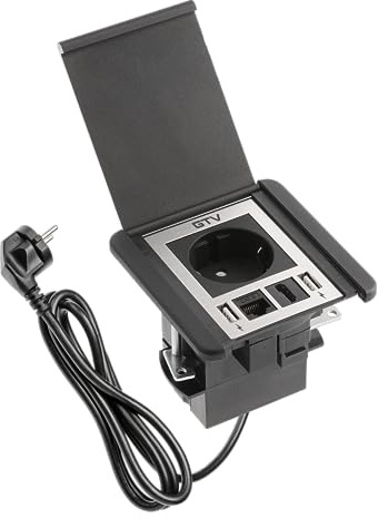 GTV - Möbelsteckdose FLIP, Einbausteckdose, 1x Schuko Steckdose, 2X USB A, 1x RJ45, 1x HDMI, Kabellänge 1,5m, Farbe Schwarz, für Schreibtische, Tischplatte, Küchen und Büro