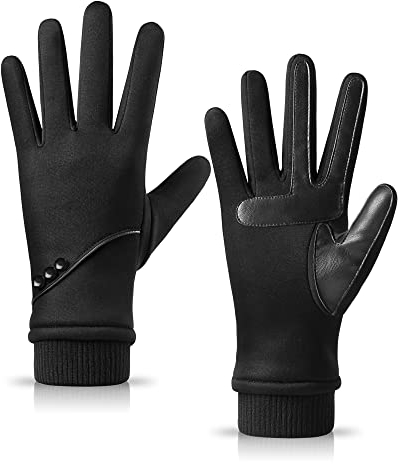 HOLDINA Damen Handschuhe Winter Warm, Wasserdicht Mit Rutschfestem Leder, Touchscreen Mit Fleece Gefüttert Zum Fahren, Laufen, Radfahren, Wandern (Schwarz-M)