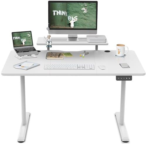 TRIUMPHKEY Escritorio de pie Ajustable en Altura con estantes para Monitor 140x60cm Escritorio de pie eléctrico Ajustable en Altura Estante de Almacenamiento Home Office Tablero de Empalme Blanco