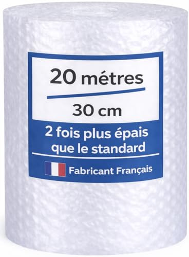 Rouleau Papier Film à bulles - 20 mètres x 30 cm - FABRIQUÉ EN FRANCE - Idéal Emballage Déménagement et Expédition Colis - Papier Bulle Épaisseur Renforcée