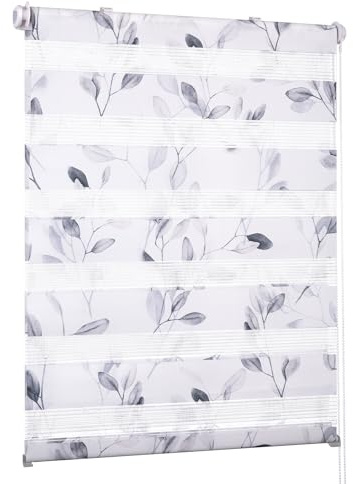 Deswell Doppelrollo Klemmfix ohne Bohren Weiß-Blätter B80 x H120 cm (Stoffbreite 76cm) Rollos für Fenster ohne Bohren mit Blüten Motiv Duorollo für Lichtdurchlässig Höhe Stufenlos Verstellbar