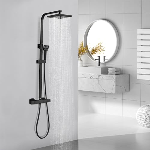STANEW Columna Ducha Termostática, Ducha Termostática, de Acero Inoxidable, Teleducha flexible,Altura Ajustable, ducha baño de griferia ducha Negro
