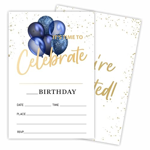 Tabyon Let's Celebrate - Birthday Invitations With Envelopes - Balloons & Glitter - Double-Sided Fill In Style Birthday Invite Cards For Kids, Teens, Adults, Party Favor & Decorations(20 Pcs) - B06