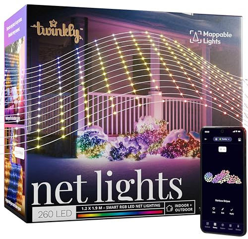 Twinkly Netzlichter, Flexibles LED-Gitter mit 260 RGB-LEDs, Lichtstreifen für Drinnen und Draußen, Kompatibel mit Alexa, Google Home, IP44, App-Steuerung, Transparentes Kabel, 1,2 m x 1,9 m