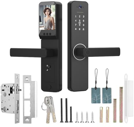 Splenssy Serrure intelligente avec caméra grand angle de 120° et sonnette intelligente, serrure de porte avec empreinte digitale, télécommande par application, serrure de sécurité sans fil pour portes