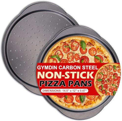 Gymdin Pizzablech rund 32cm, 2er Set Pizzablech aus Carbonstahl, Pizza Backblech, gelocht, antihaft, mit Griff, mit 2er Set Ofenhandschuhen, hitzebeständig bis 428 °C, Dunkelgrau