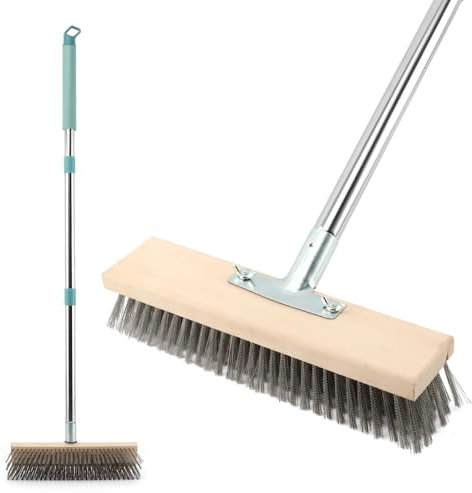 Balai en fil d'acier inoxydable, brosse à récurer à poils métalliques de 160 cm avec long manche, brosse en métal rigide amovible pour nettoyage de carrelage, terrasse, jardin, garage, terrasse (comme