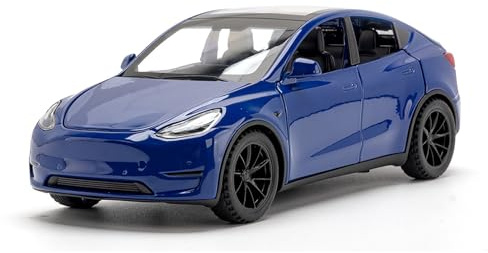 TOPRON Tesla Model Y 1:32 skala, modellbil, formgjuten legering, elektronisk leksak med dragfunktion, med ljus och musik, minifordonsleksak som present till barn (blå)