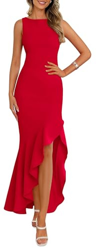 PRETTYGARDEN Wedding Guest Dresses for Women 2026 Summer Formal Gala Maxi Dress Ruffle Mermaid Cocktail Long Dresses(Red,Medium)