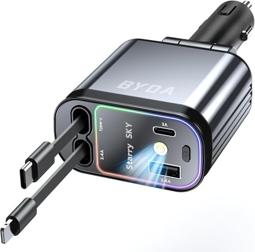 Caricabatteria da auto retrattile USB C 4 in 1, 69 W con luce stellata, ricarica rapida per iPhone 16/15/14/13/12, iPad,Android,adattatore accendisigari