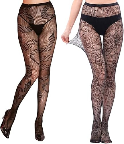JCGJC 2 Pairs Snake Tights for Women,Spider Web Tights Pattern Fishnet Tight for Women(One Size)