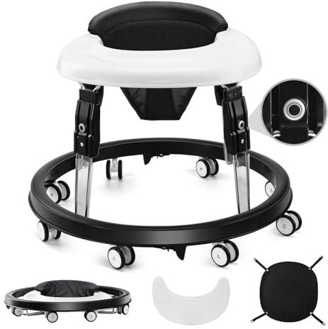 Baby Lauflernhilfe, Anti-Collision lauflernwagen, One-Touch Folding Baby Walker, 7-Gang höhenverstellbar, Anti-Roll 8-Rad-Rundfahrwerk, mit großem Essteller & Bremse von 6-18M (Schwarz-1)