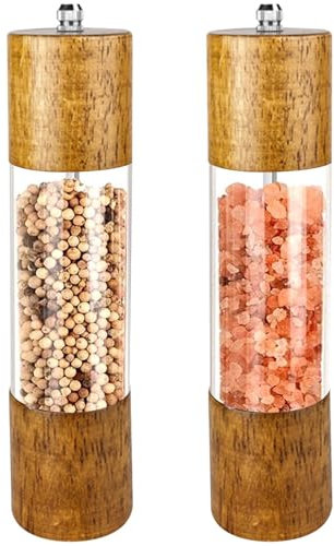 Set di 2 macinasale e pepe in legno, manuale in ceramica, macina sale e spezie, macinaspezie regolabile, per pepe nero, peperoncino essiccato (trasparente + marrone)