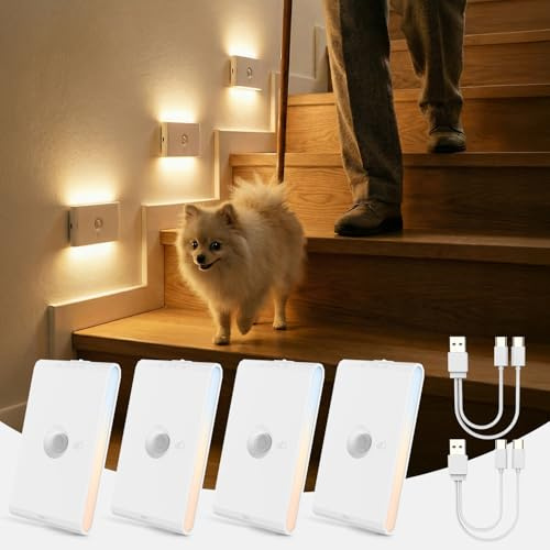Luz Nocturna con Sensor de Movimiento/Crepuscular a Pilas, Lampara LED Recargable 3 Modos AUTO ON/OFF, Luz Noche Regulable Blanco Cálido/Natural/Frío para Escalera, Pasillo, Cocina, Sótano, 4 Piezas