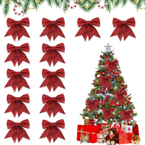 Udbrud 12 Stück Schleifen Weihnachten, Glitzer Weihnachtsschleifen Bogen Hänge Deko, Christbaumschmuck Geschenkschleife, Weihnachtsbaumschmuck Weihnachtsbaumschleifen für Basteln (Rot)