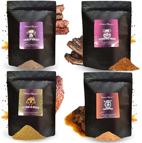 BBQ Meat Rub Seasoning Gift Set | 4 x 50g Dry Rub for Chicken, Pork, Lamb & Beef | Spice Rubs for Grilling, Smoking, Roasting | British Made | No Preservatives | Food Seasoning Kit By House Of Flavour