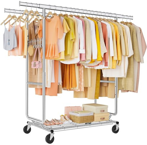 FAVOOSTY Portant à vêtements avec étagères,Portant à vêtements sur roulettes avec Double Tringle - Charge maximale : 280 kg - 52 x (106-176) x 170 cm, Installation rapide en 3 minute-Argent