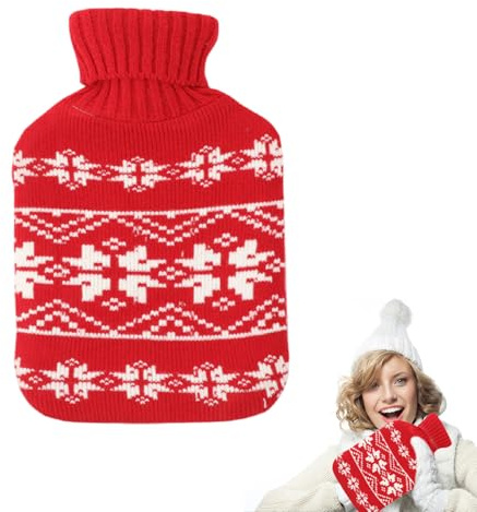 Bolsa de agua caliente con funda, botella caliente de Navidad con funda de punto, con funda de piel suave para aliviar el dolor, ideal para regalos de Navidad, 1 litro