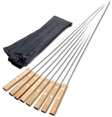 IMEEA Confezione da 8 spiedini piatti per kebab da 55 cm, in acciaio inox, larghi 1 cm, spiedini piatti per barbecue con manico in legno e spiedini in metallo