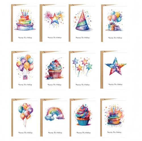 XiLayNeen Lot de 24 Cartes d'anniversaire avec Enveloppe et Autocollants，Carte de Joyeux Anniversaire Femme Homme，Happy Birthday Card，Cartes d'Anniversaire Pliabl pour Enfants，Hommes, Femmes