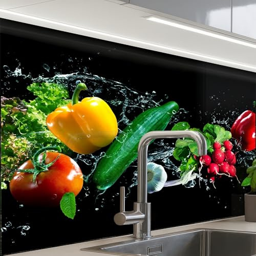 KitchenYeah© Küchenrückwand Selbstklebend 60x80 cm Küchenspritzschutz Rückwand Wandschutz Ohne Bohren Spritzschutz Wand Wandverkleidung Gemüse - Spritzer - Schwarz